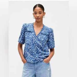 Gap ruffle blue white floral button down shirt blouse top Small S Sezane style